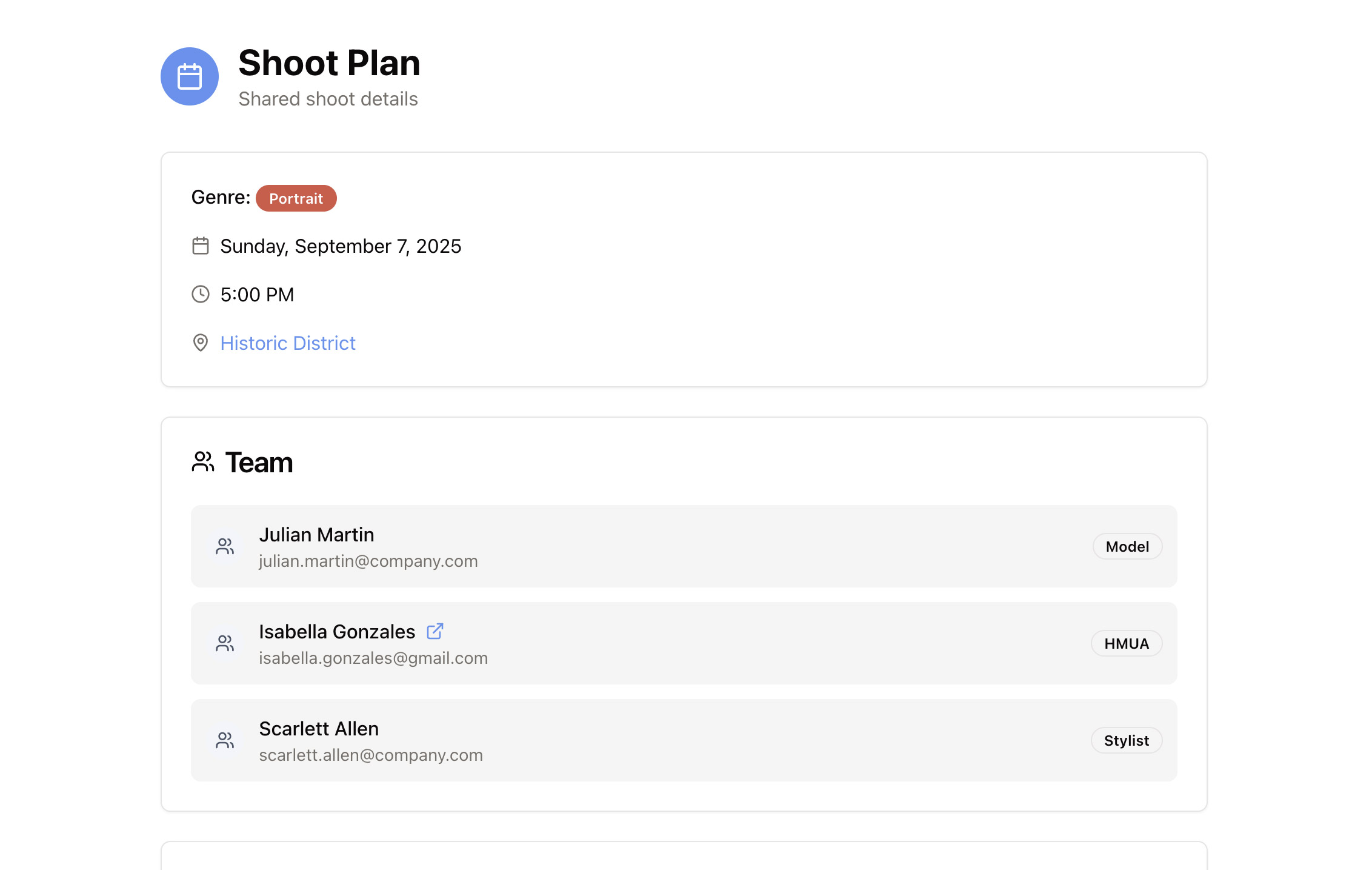 Shoot planning view