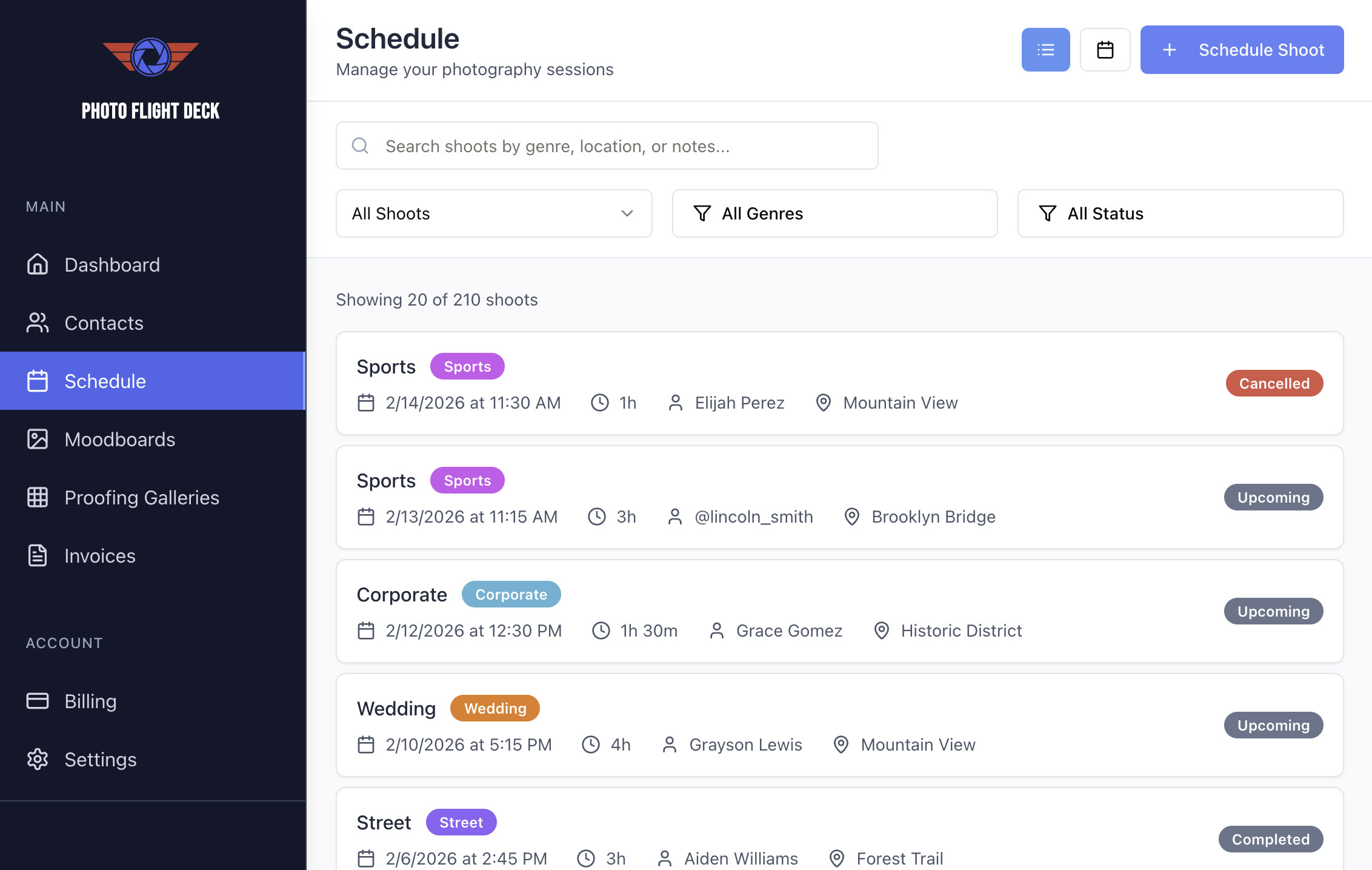 Shoot schedule management